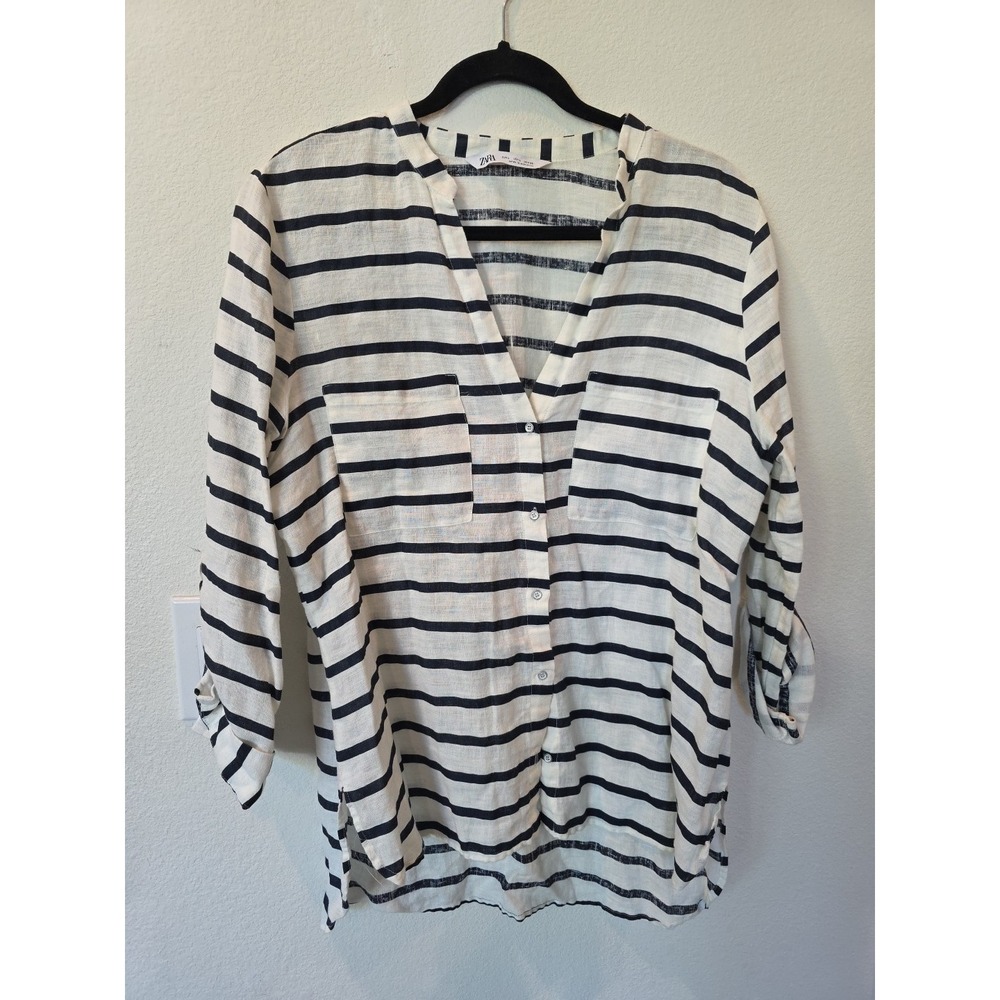 Zara Striped 100% LINEN SHIRT NAVY WHITE Sz L NWOT Quiet Luxury Euro Summer - Picture 2 of 7